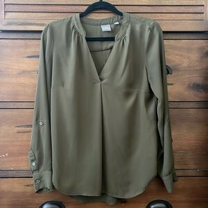 Size small, olive green, New York & Company Soho women’s blouse.